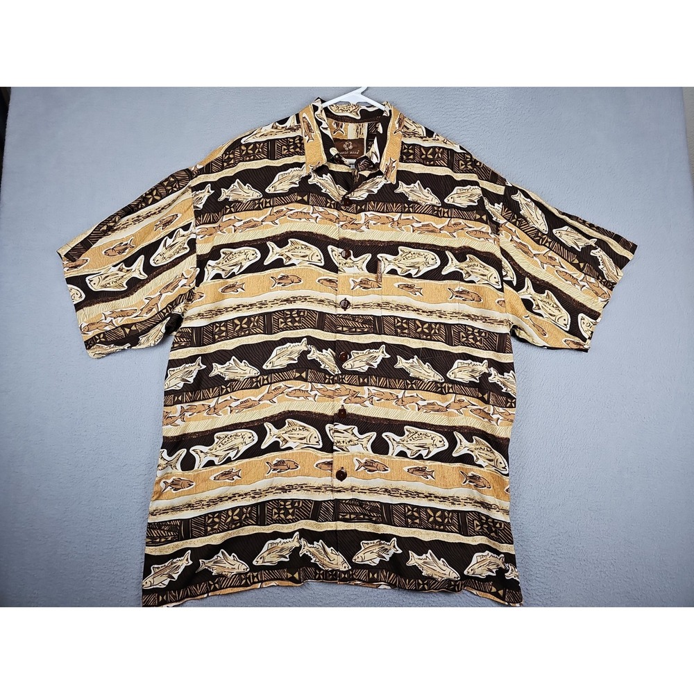 Mango Moon Hawaiian Rayon Shirt Men's Size Medium Brown Fish Pattern Costal